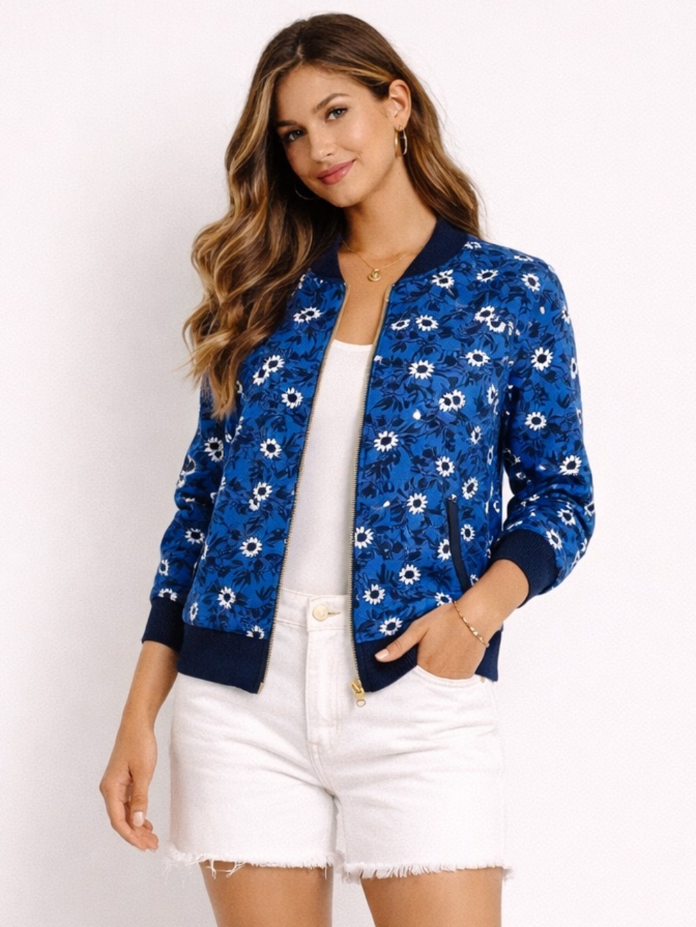 Draper James Floral Bomber Jacket Blue White Preppy Size M Zip
